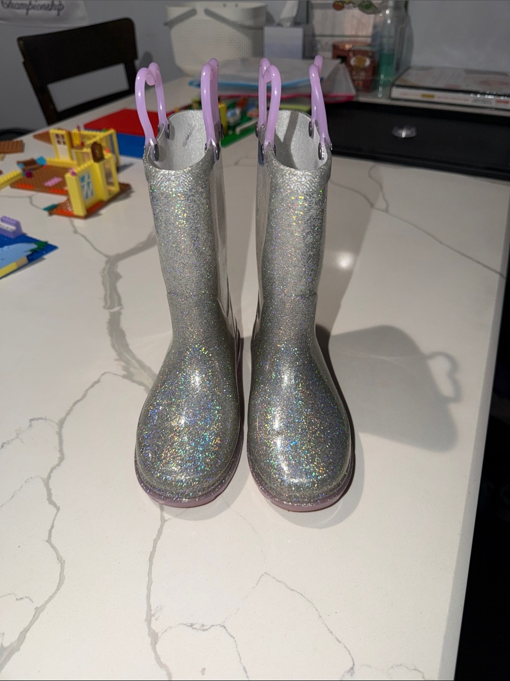 Western Chief Silver Glitter Kids Rain Boots with Pink Handles
